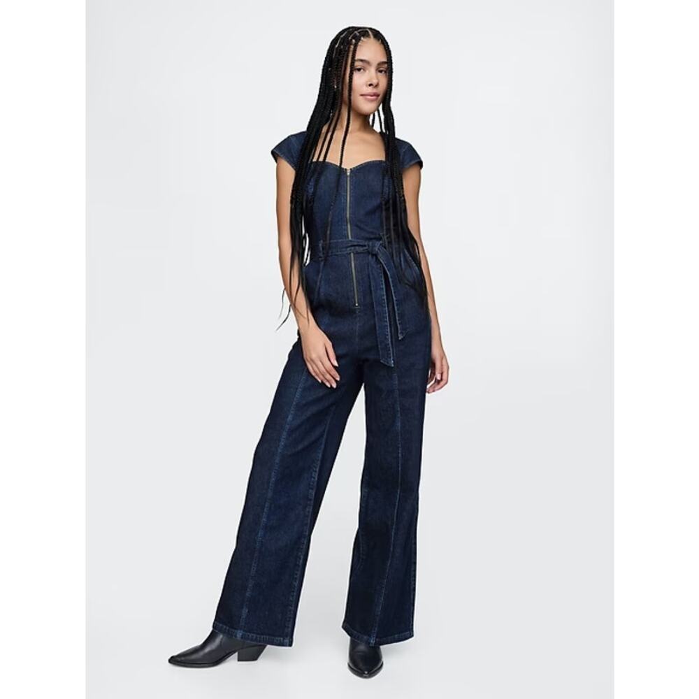 Gap Belted Wide Leg Denim Jumpsuit Sweetheart Neckline Dark Wash Sz 4 Petite NWT
